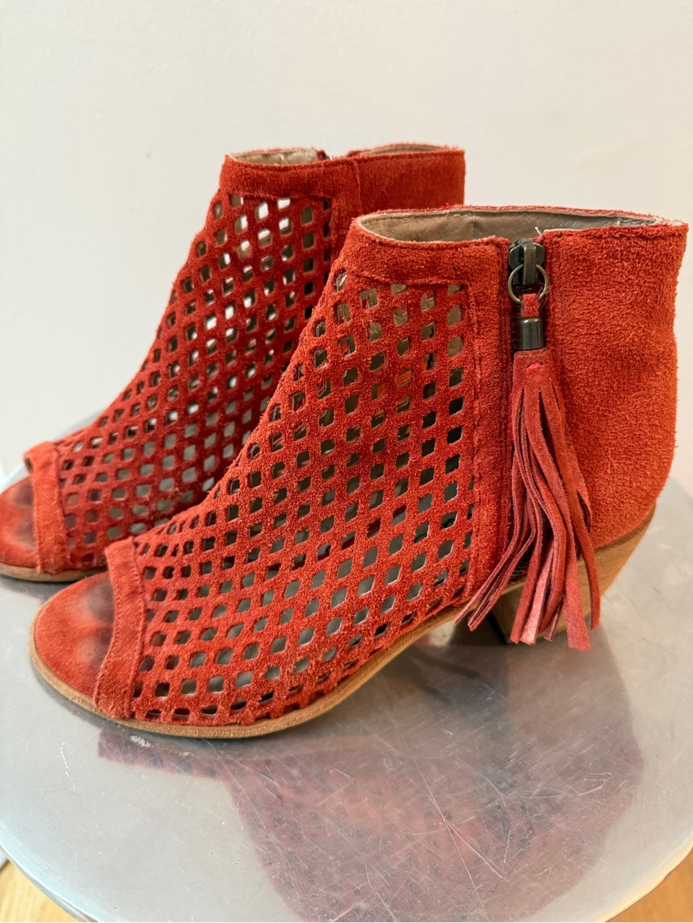 Red Suede Peep-Toe Ankle Booties with Tassel